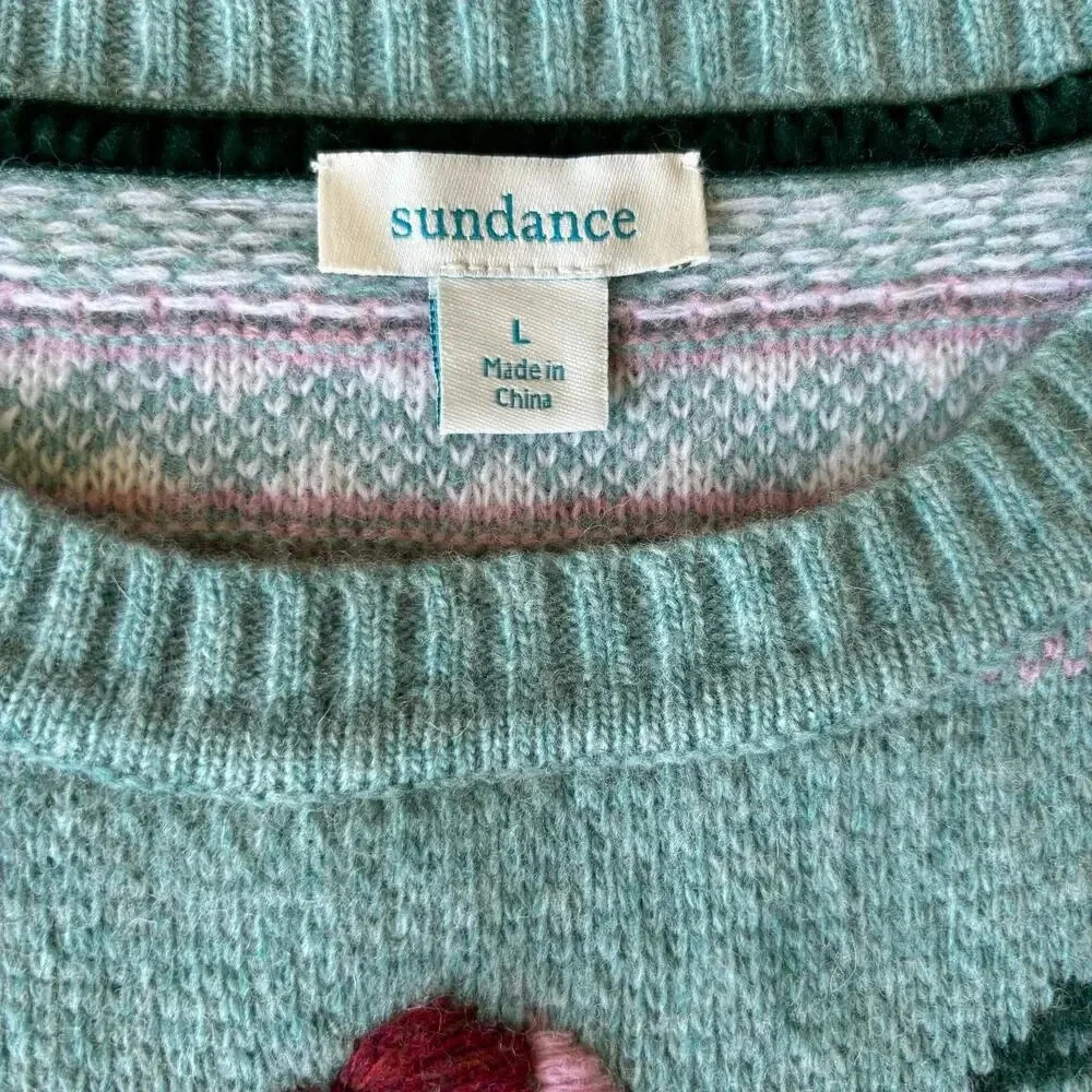 Sundance Bold Botanic Floral Knit Embroidered Wool Sweater Jumper Aqua Size L - Picture 5 of 9
